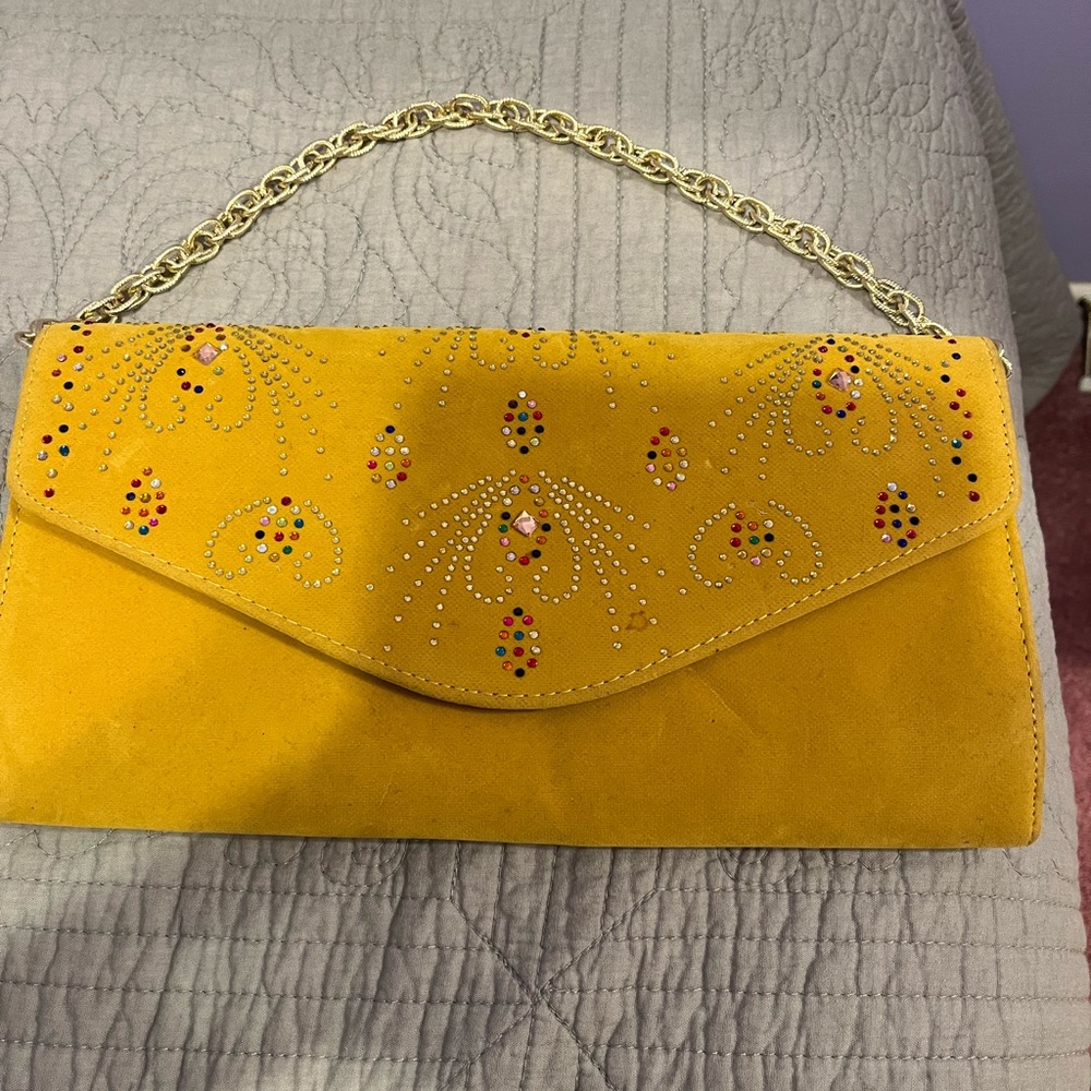 Clutch beaded purse with chain. Gold suede like with rhinestones. Good c…